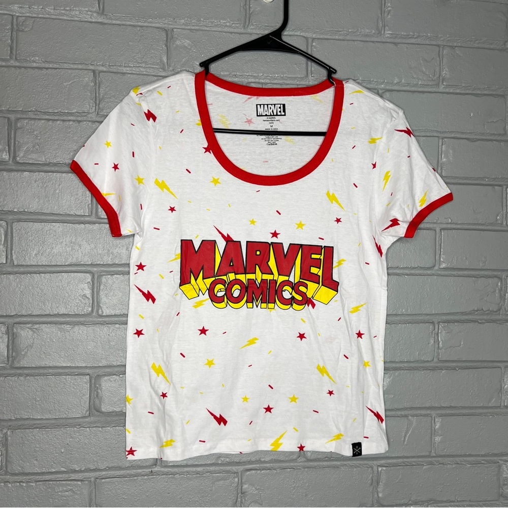 Marvel Comics White Ringer Tee with Red & Yellow Graphics